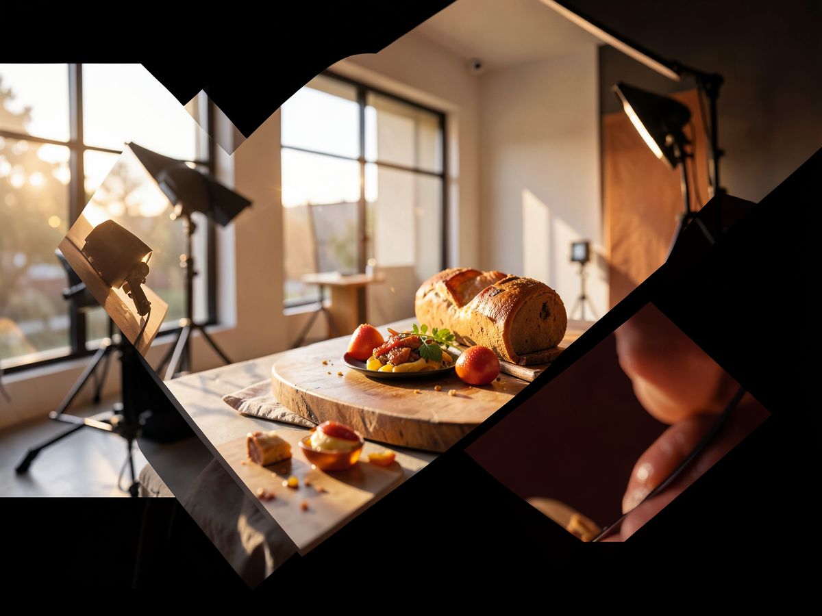 Sun-drenched photography studio with large windows and professional lighting equipment